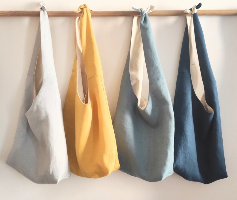 Bolso tote de lino amarillo, azul, gris, negro, bolso hobo, tote ajustable, cuerpo cruzado, lino europeo, tote anudado, bolso cubo, llevar todo imagen 1