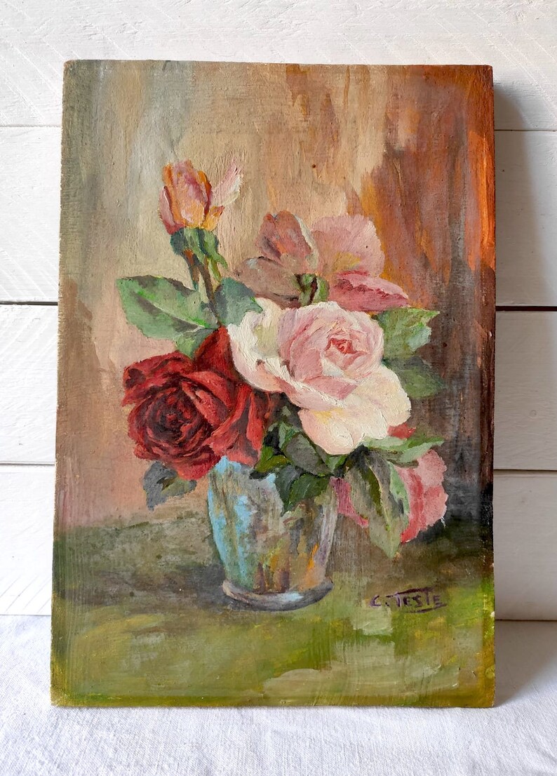 peinture à l'huile florale française vintage, nature morte image 7