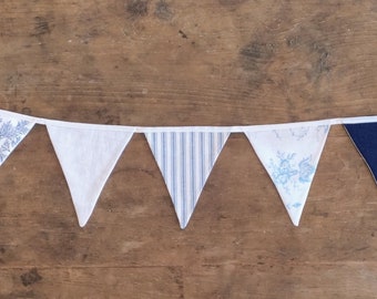 French Vintage Blue & White Linen Bunting: Handmade Farmhouse Decor