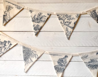 French Toile de Jouy fabric bunting, cotton, linen, handmade, farmhouse decor, country style, reusable