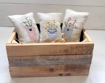 Hand-embroidered flower pot lavender sachets