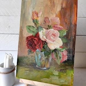 peinture à l'huile florale française vintage, nature morte image 1