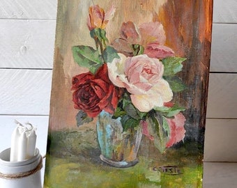 peinture à l'huile florale française vintage, nature morte