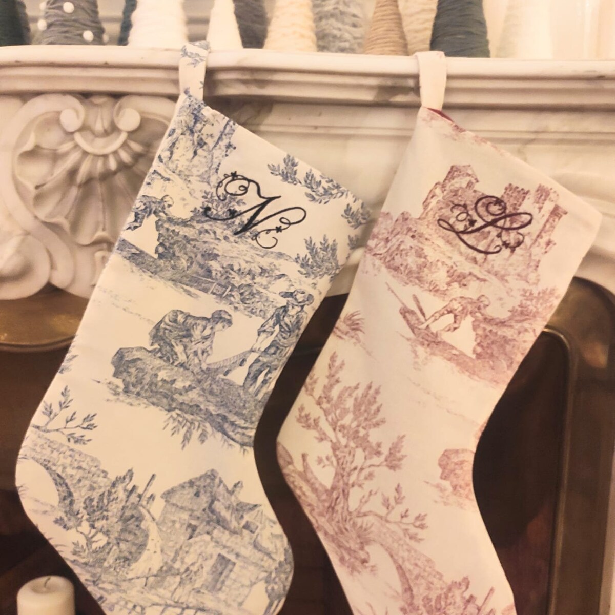 Toile De Jouy Vintage Style Christmas Stockings, Red, Blue, Green, Holiday Decor, Family Set - Etsy