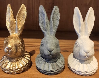 Rabbit head with collar figurine, resin, easter decor, shelf or desktop decoration