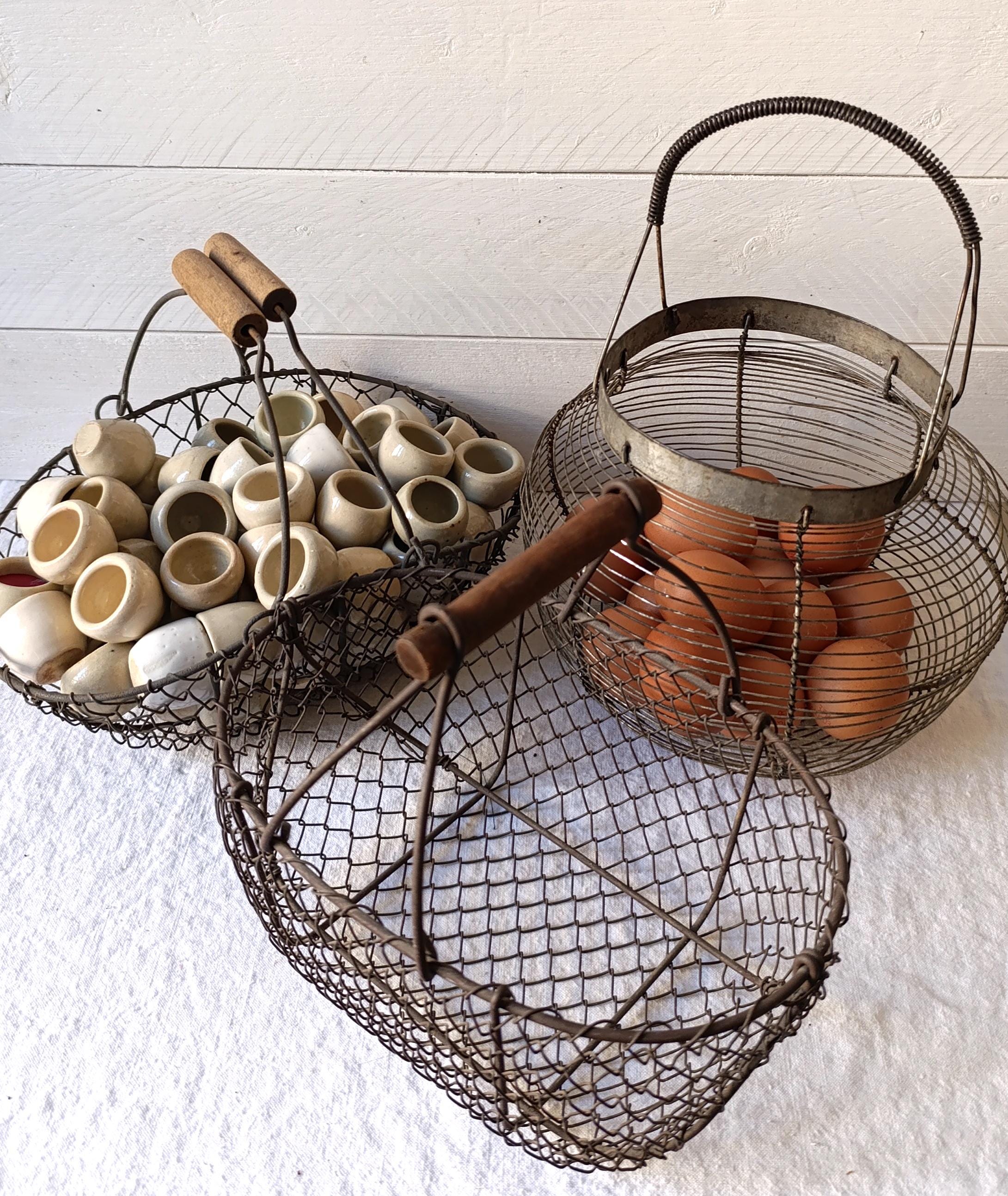 Panier à Œufs En Fil Métallique - Style Rustique, Poignée Bois - Pour Œufs, Fruits, Légumes