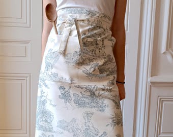 Personalized French Toile de Jouy kitchen half-apron, bar apron, blue, red, green
