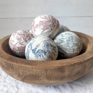 Toile de Jouy fabric-wrapped Christmas ornaments, bowl filler, rag balls, set of 6