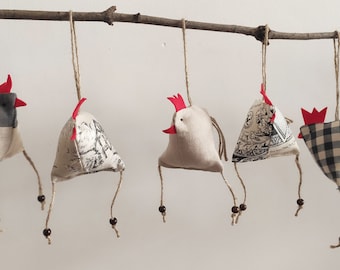 Hanging vintage fabric chicken decoration, lavender sachet, beige/black, Laura Ashley, Easter decoration