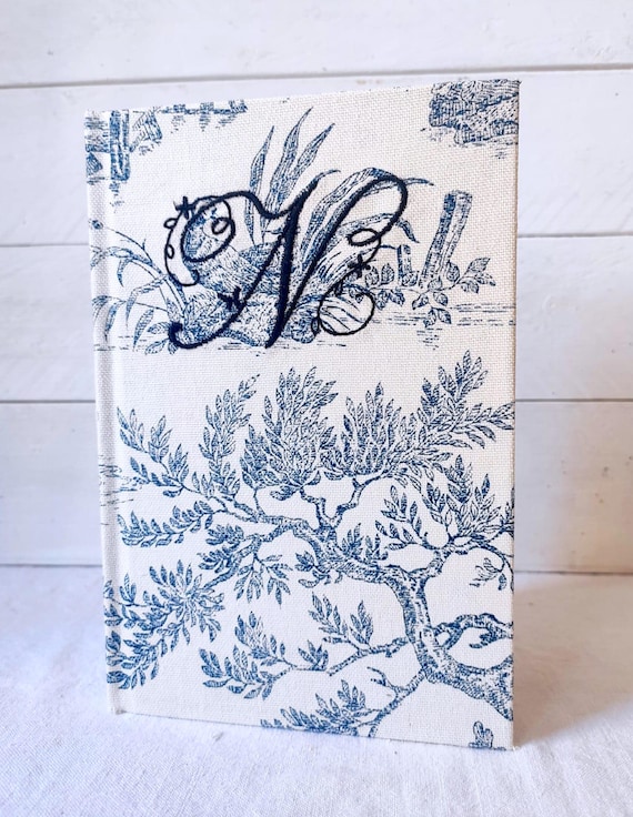French toile de jouy fabric-covered notebook, monogrammed, red, blue, green, A5, journal, hardcover, stationery