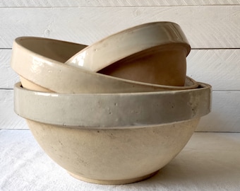 Traditional French Digoin half-glazed stoneware mixing bowls, Tian, Grespot, Gresale