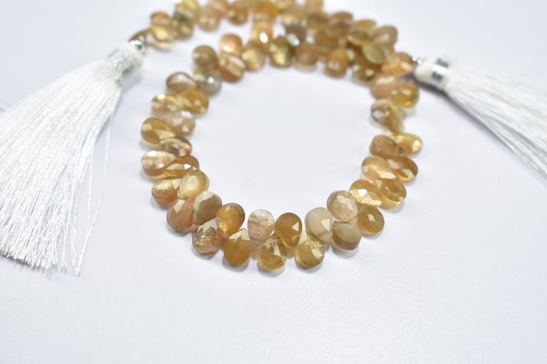 5.75X7.75MM Natural Golden Shine Moonstone Faceted Pear Shape Gemstone Briolette Beads 8 Inch Strand 5X7MM Moonstone Pear Faceted Beads