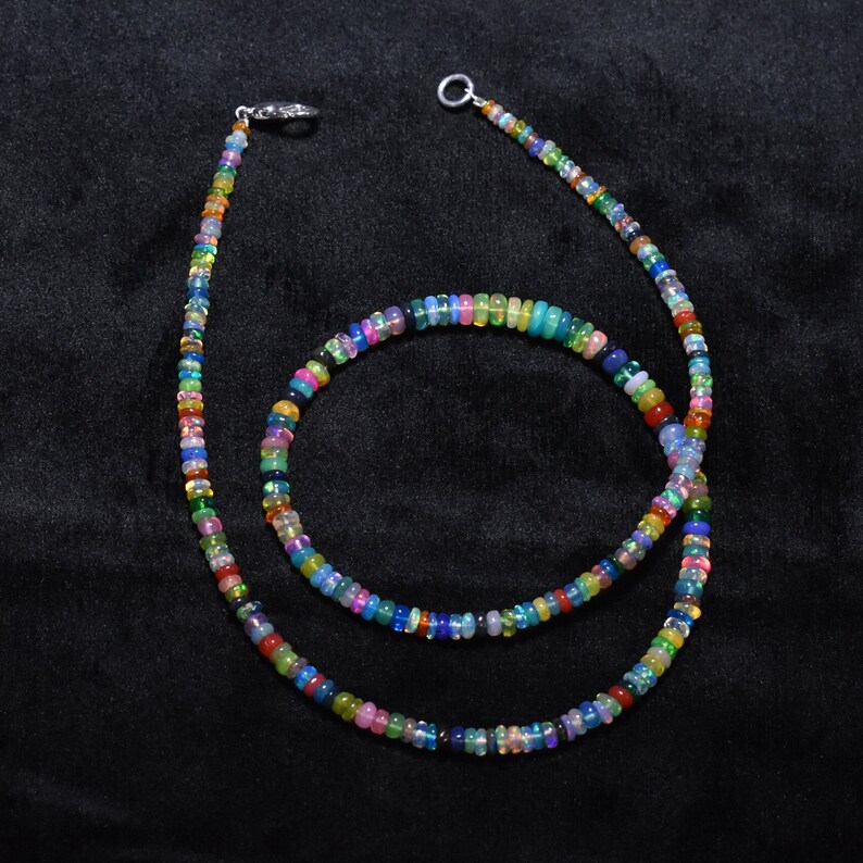 Disco Ethiopian Opal Gemstone Smooth Rondelle Beads Necklace, 2.50mm - 4.50mm Ethiopian Opal Beaded Necklace, Flashy Opal Jewelry image 4
