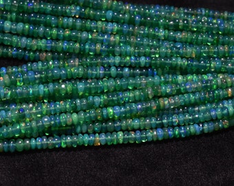 Green Ethiopian Opal Smooth Rondelle Gemstone Beads 16 Inch 1 Strand 3mm - 4mm, AAA Quality Green Opal Plain Beads 16 Inch 1 Strand