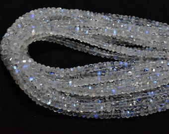 AAA++ Quality Natural White Rainbow Moonstone Rondelle Faceted Gemstone Beads 11 Inch 1 Strand 4MM, Moonstone faceted Beads 