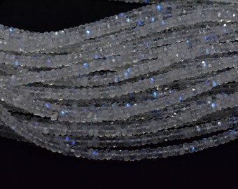 Excellent! White Rainbow Moonstone Rondelle Faceted Gemstone Beads 3.50mm - 4mm, Natural Rainbow Moonstone Faceted Beads 13 Inch 1 Strand