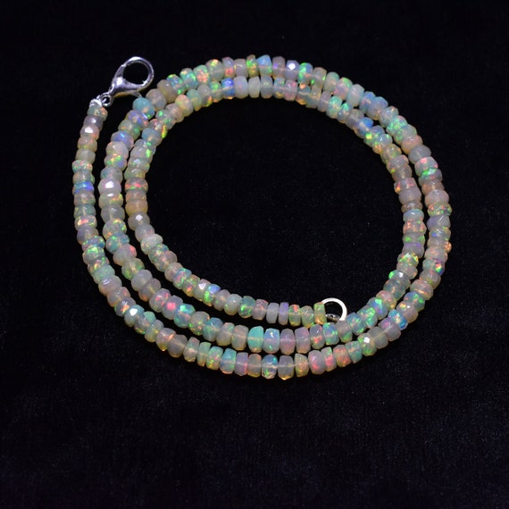 Natural Ethiopian Opal Rondelle Gemstone Faceted Beads Necklace 3.50mm - 4mm, AAA Quality Multi Fire Ethiopian Opal Beaded 16 Inch Necklace