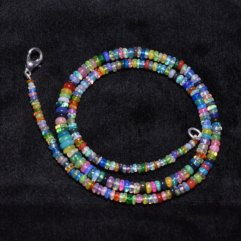 Disco Ethiopian Opal Gemstone Smooth Rondelle Beads Necklace, 2.50mm - 4.50mm Ethiopian Opal Beaded Necklace, Flashy Opal Jewelry image 5
