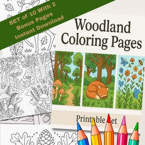 Set of 10 Woodland Coloring Pages | Printable Adult Coloring Sheets | Digital Download | Forest Coloring Page | Mindfulness Coloring Page