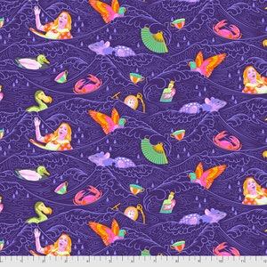 May include: A purple fabric with a repeating pattern of Alice in Wonderland characters, including Alice, a white rabbit, a dodo bird, a crab, a teapot, and a fan. The pattern is set against a background of purple waves.
