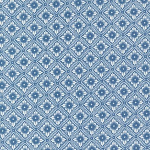 May include: A seamless pattern of white stylized flowers on a blue background. The flowers are arranged in a repeating diamond pattern.
