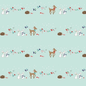 May include: A seamless pattern featuring a repeating design of a deer, two bunnies holding hands, a hedgehog, and a string of Christmas lights on a light blue background with white snowflakes.