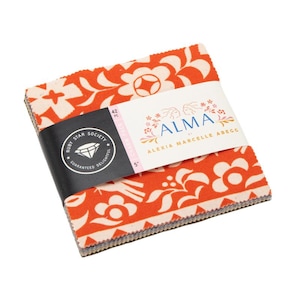 May include: A stack of 5-inch fabric squares with a floral pattern in orange and cream. The fabric is bundled with a black band featuring the Ruby Star Society logo and a label that reads "ALMA" by Alexia Marcelle Abegg.
