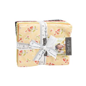 May include: A bundle of 10 Moda Fabrics fat quarters in a yellow and orange color scheme with a floral print. The fabric is tied with a white ribbon and a measuring tape. The fabric bundle is labeled "Moda Fabrics - Supplies".