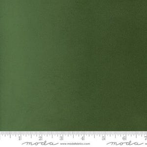 May include: Close-up of a textured, solid green fabric. The fabric has a subtle, mottled appearance. A ruler is at the bottom, with markings in inches and the Moda Fabrics logo.