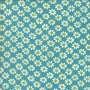 May include: A teal blue fabric with a repeating pattern of white daisies with yellow centers.
