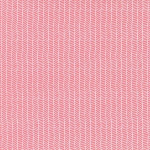 May include: A close-up of a fabric with a repeating herringbone pattern. The fabric has a coral pink background with white lines forming the pattern. The lines are slightly curved and create a textured appearance.