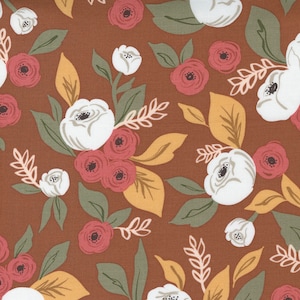 May include: A floral pattern featuring white, red, and pink roses, along with green and yellow leaves, set against a brown background. The design is a repeating pattern of botanical elements.