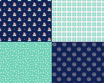May include: Four different seamless patterns in a collage. The top left pattern is a dark blue background with white crosses and red and white checkered squares. The top right pattern is a white background with a light blue and white checkered pattern. The bottom left pattern is a light blue background with white flowers. The bottom right pattern is a dark blue background with white flowers.