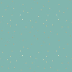 May include: A seamless pattern of gold stars on a light blue background.
