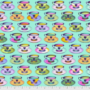 May include: A repeating pattern of colorful teacups and saucers on a turquoise background. Each teacup has a heart design and is decorated with stripes, polka dots, and other patterns.