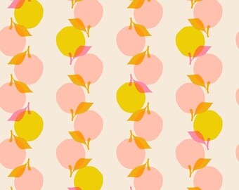May include: A seamless pattern featuring alternating rows of pink and yellow circles with pink leaves. The circles are arranged in vertical lines.
