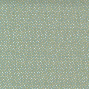 May include: A light blue fabric with a repeating pattern of small white, yellow, and pink dots.