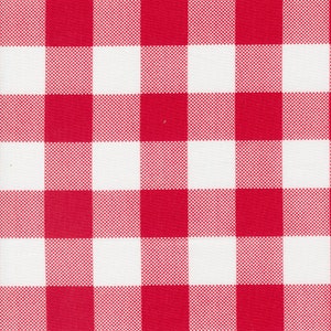 May include: Red and white checkered fabric with a small, subtle pattern. The fabric is woven and has a smooth texture.