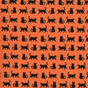 May include: A seamless pattern of black cats on an orange background with white polka dots. The cats are in various poses, including sitting, standing, and walking.