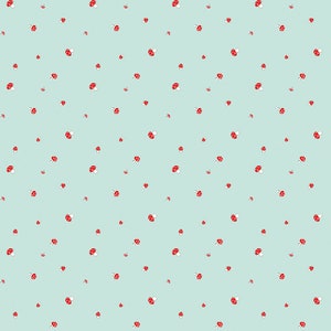 May include: A seamless pattern of red and white mushrooms on a light blue background.
