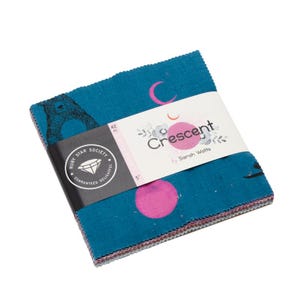 May include: A stack of 5-inch fabric squares from the Ruby Star Society. The teal fabric features a bear, crescent moons, and pink circles. The package is labeled "Crescent" by Sarah Watts, with 42 pieces.