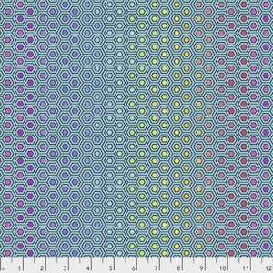 May include: A teal blue background with a repeating pattern of hexagons. The hexagons are filled with a gradient of colors, starting with pink on the left and transitioning to yellow on the right.