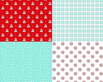 May include: Four different seamless patterns in red, white, and blue. The top left pattern features a red background with white and blue geometric shapes. The top right pattern features a white background with blue and white geometric shapes. The bottom left pattern features a blue background with white geometric shapes. The bottom right pattern features a white background with red geometric shapes.