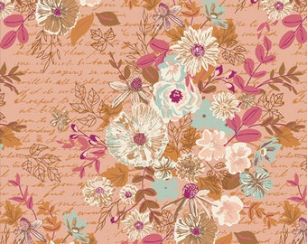 May include: A repeating pattern featuring a soft peach background with cursive script text overlaid by illustrations of flowers and leaves in shades of magenta, light blue, cream, and tan. The floral motifs include various blossoms and foliage.