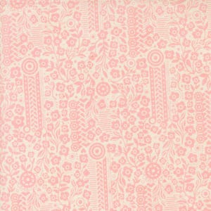 May include: A pink and white floral pattern fabric with a repeating design of flowers, leaves, and geometric shapes.