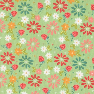 May include: A green fabric with a repeating pattern of red, pink, orange, teal, and white flowers. The flowers are stylized and have a simple design. There are also small red berries scattered throughout the fabric.