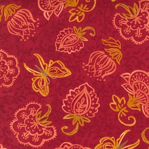 May include: Red fabric with a repeating pattern of orange and yellow stylized flowers and butterflies.