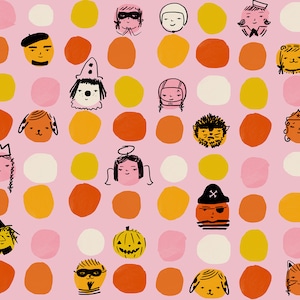 May include: A pink background with orange, yellow, and white polka dots. Each dot features a different Halloween character, including a pumpkin, a vampire, a witch, a pirate, a werewolf, a ghost, a monster, and a cat.