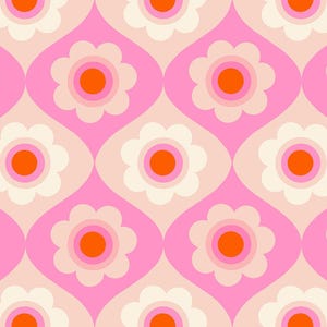 May include: A retro-style floral pattern featuring repeating stylized flowers in a pink, orange, and cream color palette. The flowers have orange centers, surrounded by pink and cream petals, set against a pink and cream background.