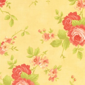 May include: Yellow floral fabric featuring red roses, pink blossoms, and green leaves. The roses are clustered in the corners, with smaller blossoms and leaves scattered across the yellow background. The fabric has a vintage, romantic feel.
